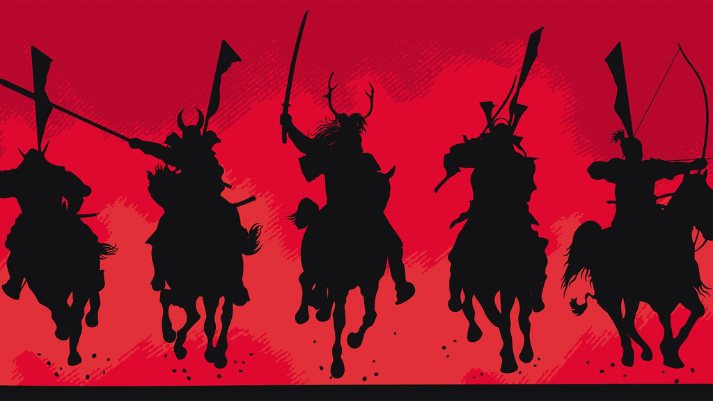 Silhouettes of five Samurai on horseback