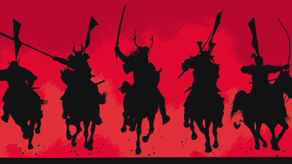 Silhouettes of five Samurai on horseback